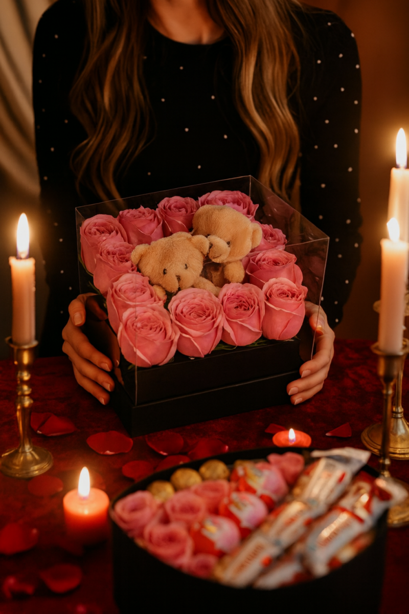 Asetat Kutuda Pembe Gül ve Ayıcık ile Zarif Romantik Hediye