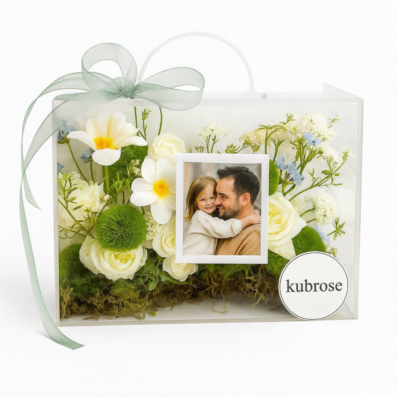 Kişiye Özel Çantalı Çiçek Aranjmanı – Fotoğraflı Akrilik Kutuda Premium Hediye | Romantik & Zarif Çiçek Tasarımı
