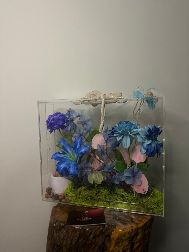 Bloombag Pleksi Çanta Kutuda Mavi Çiçek Aranjmanı | Dekoratif Hediye