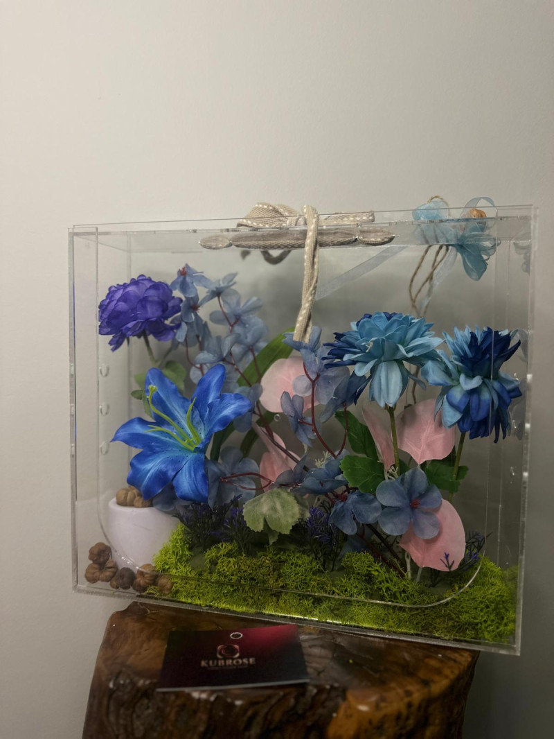 Bloombag Pleksi Çanta Kutuda Mavi Çiçek Aranjmanı | Dekoratif Hediye