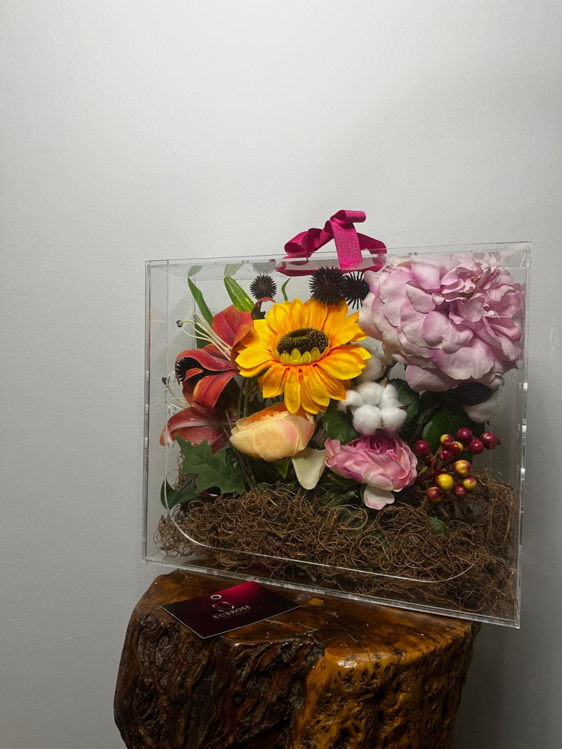 Pleksi Kutuda Yapay Çiçek Aranjmanı | Günebakan & Pembe Gül Dekoratif Hediye